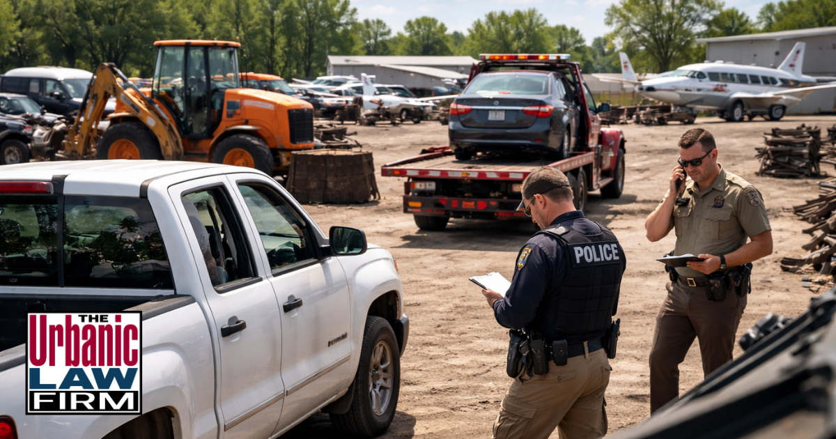 Daytime photograph of an Oklahoma criminal defense attorney from The Urbanic Law Firm standing with a client beside a damaged vehicle and tow truck, illustrating vehicle, aircraft, and equipment theft crimes defense in Oklahoma.