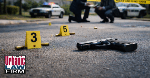Daytime photograph of an Oklahoma suburban crime scene with police vehicles, officers, and yellow POLICE LINE DO NOT CROSS tape blocking the street, illustrating discharge-type weapons crimes Oklahoma cases and the serious criminal-defense representation provided by The Urbanic Law Firm.