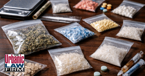 Daytime photo-style image showing multiple small quantities of illegal drugs, including baggies of powder and assorted pills arranged on a dark table with a blurred police file in the background, symbolizing Oklahoma drug trafficking and CDS charges and illustrating Oklahoma criminal defense representation by The Urbanic Law Firm.