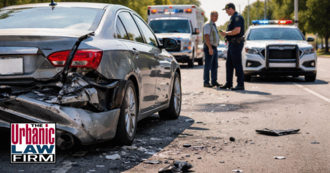 Daytime photograph of an Oklahoma hit-and-run failure to stop crash scene, showing a criminal defense attorney from The Urbanic Law Firm speaking with a worried driver beside a damaged car and patrol vehicle, illustrating dedicated Oklahoma criminal defense representation after an alleged accident.