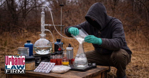Daytime photo-style image of a hooded person in a rural Oklahoma shed arranging chemicals and glassware to manufacture meth, illustrating an Oklahoma inchoate drug offense investigation and the high-stakes Oklahoma criminal defense representation provided by The Urbanic Law Firm.
