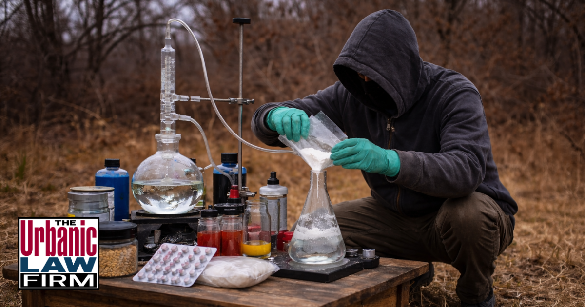 Daytime photo-style image of a hooded person in a rural Oklahoma shed arranging chemicals and glassware to manufacture meth, illustrating an Oklahoma inchoate drug offense investigation and the high-stakes Oklahoma criminal defense representation provided by The Urbanic Law Firm.