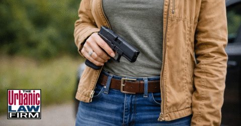 Daytime photo of a woman in casual clothes holding a handgun outdoors, illustrating on-person firearm carry intent and impairment Oklahoma charges and how The Urbanic Law Firm provides Oklahoma criminal defense representation.