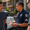 Daytime photo-style image of Oklahoma police officers detaining a man beside a patrol SUV during a tense street arrest, illustrating police resistance and obstructing an officer charges and highlighting Oklahoma criminal defense representation by The Urbanic Law Firm.