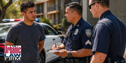 Daytime photo-style image of Oklahoma police officers detaining a man beside a patrol SUV during a tense street arrest, illustrating police resistance and obstructing an officer charges and highlighting Oklahoma criminal defense representation by The Urbanic Law Firm.