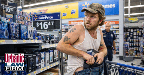 Daytime photograph of a disheveled light-skinned man secretly placing merchandise into his jacket in a Walmart-style retail aisle while glancing around nervously, illustrating Oklahoma retail theft and shoplifting defense by The Urbanic Law Firm, Oklahoma criminal defense attorneys.
