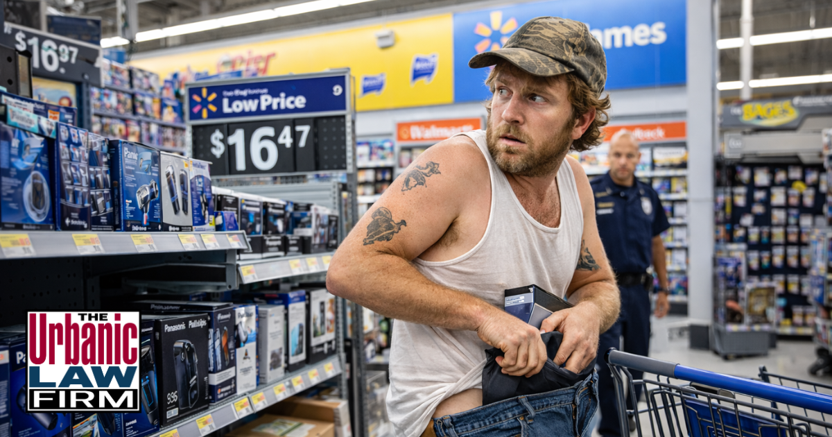Daytime photograph of a disheveled light-skinned man secretly placing merchandise into his jacket in a Walmart-style retail aisle while glancing around nervously, illustrating Oklahoma retail theft and shoplifting defense by The Urbanic Law Firm, Oklahoma criminal defense attorneys.