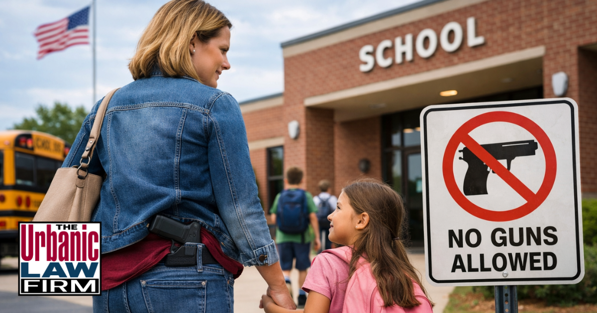 Daytime photograph of an Oklahoma mom carrying her young child and a shoulder bag with a concealed firearm while walking toward an elementary school entrance, symbolizing carrying and transporting firearm offenses in Oklahoma and the criminal defense representation provided by The Urbanic Law Firm.