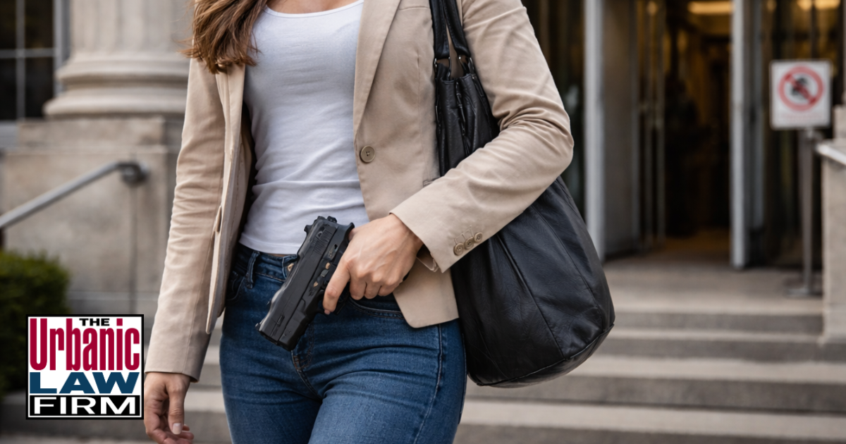 Daytime photograph of a woman standing outside an Oklahoma courthouse holding a handgun near the steps, representing sensitive location no-gun-zone firearm offenses and illustrating serious Oklahoma criminal defense cases handled by The Urbanic Law Firm.