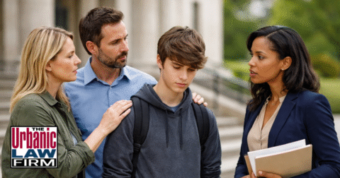 Daytime photograph of an Oklahoma criminal defense attorney speaking with a worried parent and a teen outside a courthouse about runaway and supervision probation-status offenses in Oklahoma, illustrating juvenile-focused criminal defense representation by The Urbanic Law Firm.