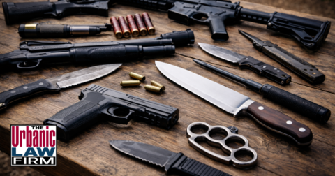 Photograph of various weapons arranged on a neutral surface, symbolizing weapons and intent-based assault crimes in Oklahoma and illustrating the serious criminal-defense representation provided by The Urbanic Law Firm.