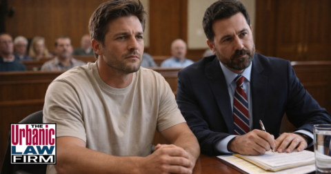 Man charged after a fight sits in court with his attorney, illustrating assault and battery defense Oklahoma criminal defense by The Urbanic Law Firm.