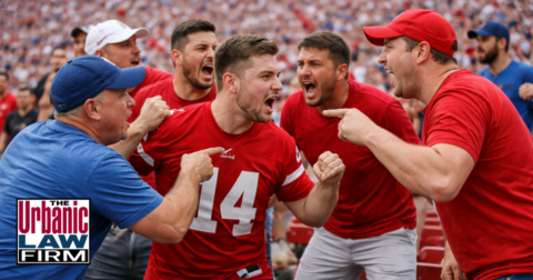 Football fans in a heated shouting match at a daytime stadium, illustrating assault defense Oklahoma criminal defense by The Urbanic Law Firm.
