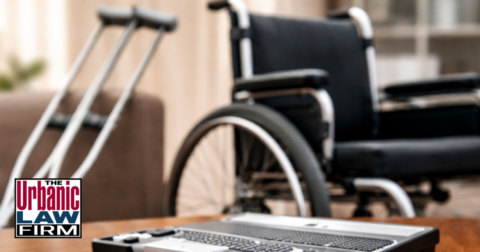 Assistive device scene with a wheelchair, crutches, hearing aid, and accessibility phone display, illustrating assistive device touching Oklahoma criminal defense by The Urbanic Law Firm.