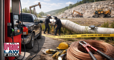 Daytime photograph-style image of an Oklahoma industrial site with utility lines, storage tanks, and work trucks, symbolizing energy and materials theft crimes Oklahoma and highlighting experienced Oklahoma criminal-defense representation by The Urbanic Law Firm for people accused of property and infrastructure theft.