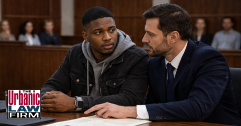 Client and defense attorney seated together in a courtroom, representing first degree robbery defense in Oklahoma and Oklahoma criminal defense by The Urbanic Law Firm.