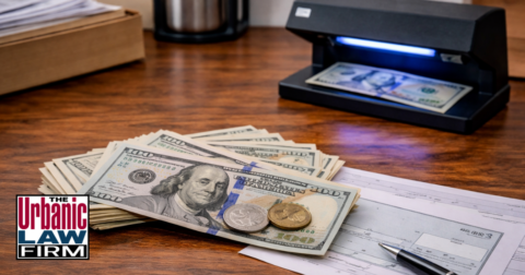 Desk scene with a suspected forged check, currency, and coins, representing forged instrument defense in Oklahoma and Oklahoma criminal defense by The Urbanic Law Firm.