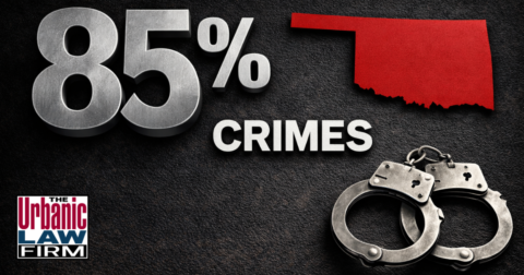 Stylized image showing large metallic 85%, a crimson Oklahoma silhouette, and handcuffs, representing what is an 85% crime in Oklahoma and Oklahoma criminal defense by The Urbanic Law Firm.