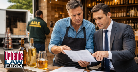 Daytime photograph-style image inside an Oklahoma law office showing a criminal-defense attorney from The Urbanic Law Firm reviewing Oklahoma alcohol licensing documents, ABLE Commission forms, and transport records with a business client, visually representing Oklahoma alcohol licensing criminal defense and compliance counseling.