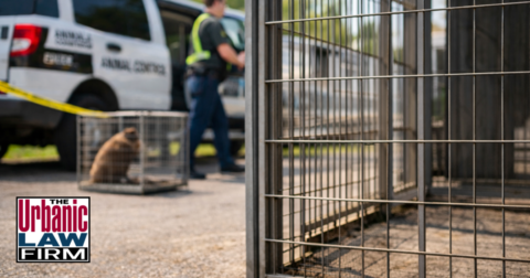 Daytime photograph-style image outside an Oklahoma animal control facility showing an animal control officer speaking with a concerned pet owner and a criminal-defense attorney from The Urbanic Law Firm, illustrating trusted representation for Oklahoma animal cruelty crimes and related criminal defense cases in Oklahoma.