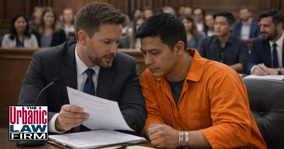 Oklahoma burglary crimes defense attorney from The Urbanic Law Firm sitting beside his client at a courtroom table during a criminal-defense hearing, illustrating focused representation in serious felony crimes.