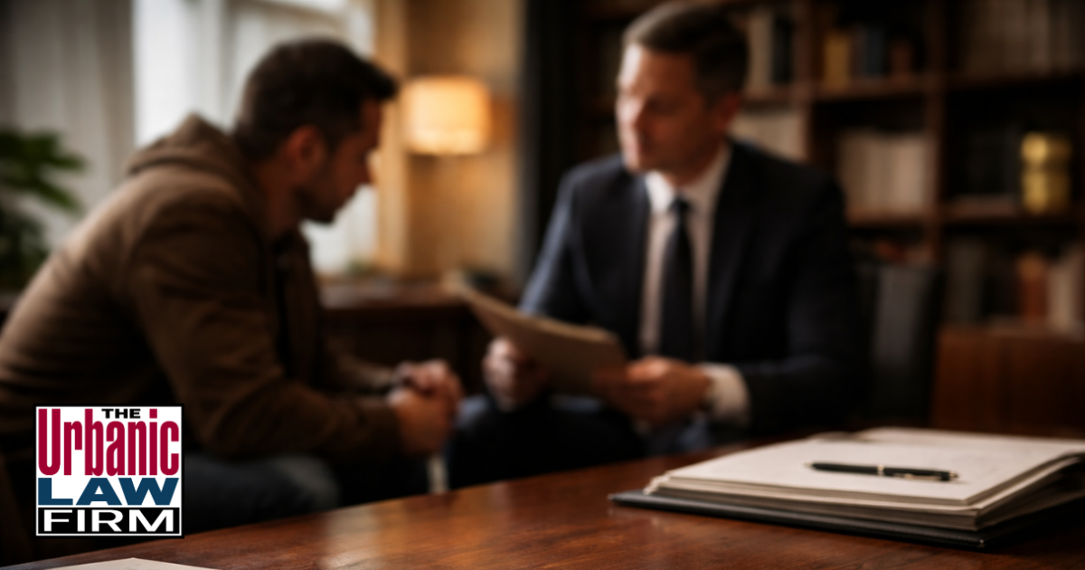 Defense attorney meeting with a client in a law office, representing caretaker abuse Oklahoma criminal defense by The Urbanic Law Firm.