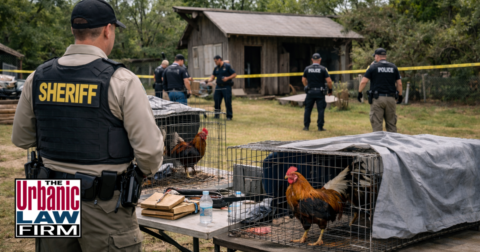 Daytime photograph-style image of law enforcement officers raiding an illegal cockfighting arena in rural Oklahoma, with roosters in cages around a dirt fighting pit and a marked patrol SUV outside a metal barn, illustrating legal defense for cockfighting crimes Oklahoma by The Urbanic Law Firm, an Oklahoma criminal-defense firm.