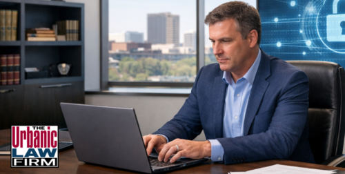 Daytime office scene of a man working at a laptop with digital network screens, representing Oklahoma computer and telecom crimes and Oklahoma criminal defense by The Urbanic Law Firm.