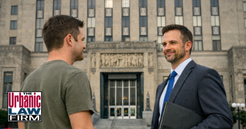 Daytime photograph of an Oklahoma County criminal defense attorney from The Urbanic Law Firm standing with a client outside the county courthouse, discussing strategy for Oklahoma criminal defense representation.