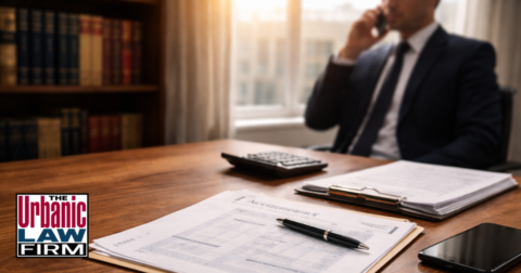 Daytime law office scene with financial documents and a professional reviewing paperwork, representing Oklahoma creditor insolvency fraud criminal defense by The Urbanic Law Firm.