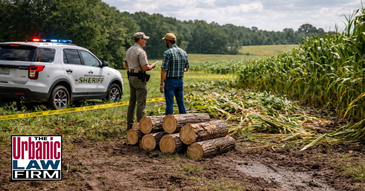Daytime photograph-style image of an Oklahoma defense attorney from The Urbanic Law Firm standing with a landowner beside damaged fields and trees after crop and timber vandalism, highlighting focused Oklahoma criminal defense representation and protection of rural property.