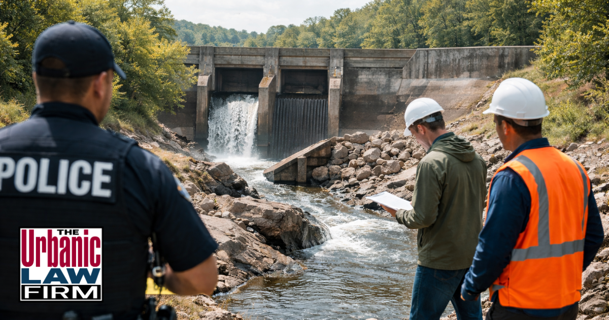 Daytime photograph-style scene at an Oklahoma dam and waterway vandalism site where a law-enforcement officer speaks with a criminal-defense attorney from The Urbanic Law Firm near damaged waterway structures, illustrating Oklahoma criminal defense representation in dam and waterway vandalism cases.