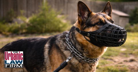 Daytime photograph of a muzzled German shepherd dog standing in an Oklahoma backyard, symbolizing Oklahoma dangerous dog crimes investigations and the criminal defense representation provided by The Urbanic Law Firm.