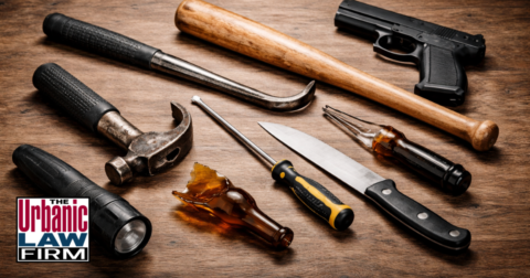 Oklahoma dangerous weapon assault image showing a handgun, bat, crowbar, hammer, flashlight, screwdriver, broken bottle, and knife, illustrating Oklahoma criminal defense by The Urbanic Law Firm.