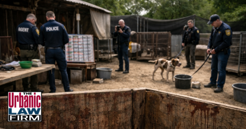 Daytime photograph-style image of Oklahoma law enforcement and a criminal-defense attorney from The Urbanic Law Firm conducting a raid on a rural animal fighting arena, with empty dirt pit and animals in nearby cages, illustrating defense for Oklahoma dogfighting crimes and other serious animal-fighting criminal charges.