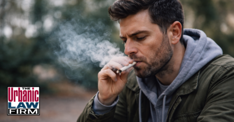 Man smoking marijuana outdoors in a daytime scene, illustrating Oklahoma drug defenses and Oklahoma criminal defense by The Urbanic Law Firm.