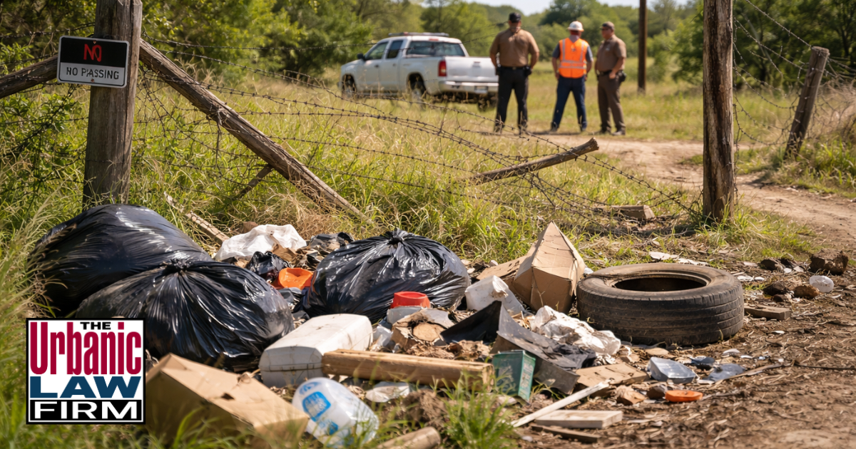 Daytime photograph-style image of an Oklahoma sheriff and a criminal-defense attorney from The Urbanic Law Firm inspecting illegal dumping and rural damage along a rural roadway, illustrating Oklahoma criminal defense representation for people accused of dumping and rural damage offenses.