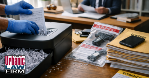 Daytime photograph of an Oklahoma courtroom evidence table covered with labeled files, photos, and physical exhibits, with a focused criminal-defense attorney from The Urbanic Law Firm reviewing Oklahoma evidence crimes materials in the background, illustrating strategic Oklahoma criminal-defense representation by The Urbanic Law Firm.