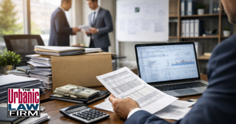Daytime photograph-style image inside an Oklahoma law office showing a defense attorney reviewing financial documents and bank records at a wooden desk while colleagues discuss charts in the background, visually representing Oklahoma fraud and deception crimes investigations and strong Oklahoma criminal defense representation by The Urbanic Law Firm.