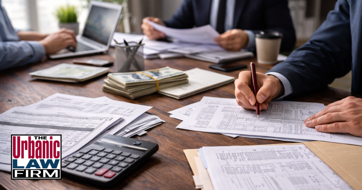 Daytime office scene with financial documents, calculator, realistic cash, and professionals reviewing records, representing Oklahoma fraud defense and Oklahoma criminal defense by The Urbanic Law Firm.
