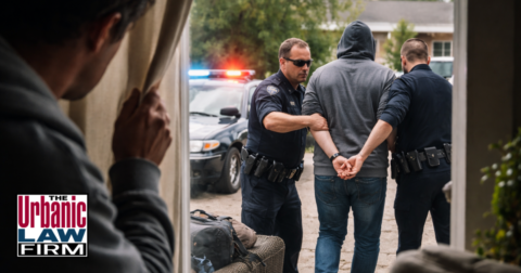 Daytime scene of police detaining a suspected fugitive outside a home while a person watches from inside, representing Oklahoma harboring charges and Oklahoma criminal defense by The Urbanic Law Firm.