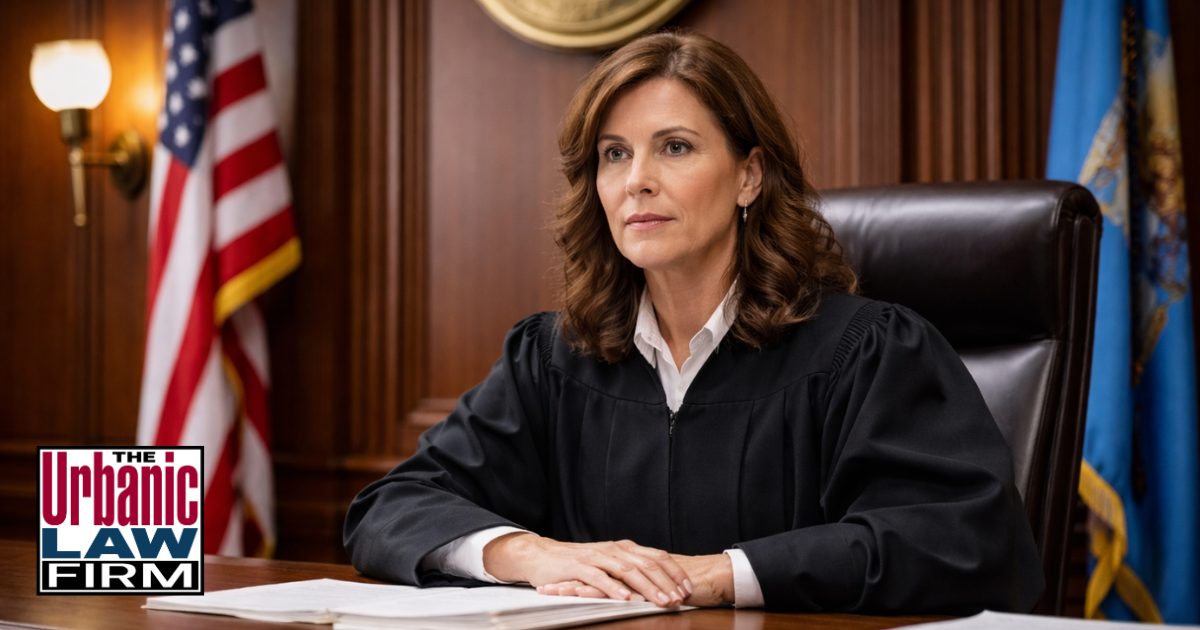 Female judge seated at her bench in an Oklahoma courtroom, representing hate crimes Oklahoma criminal defense by The Urbanic Law Firm.