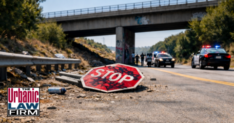 Daytime photograph-style scene of an Oklahoma highway vandalism investigation showing a damaged car on the shoulder while the driver speaks with a criminal-defense attorney from The Urbanic Law Firm, reinforcing trusted Oklahoma criminal defense representation.