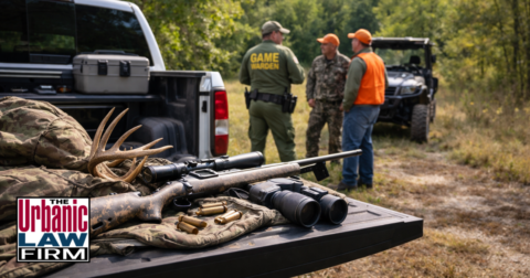 Daytime photo of an Oklahoma game warden speaking with hunters beside a pickup, rifle, antlers, and gear in a wooded field, representing Oklahoma hunting and wildlife crimes and Oklahoma criminal defense by The Urbanic Law Firm.