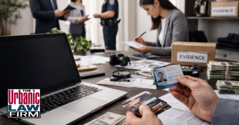 Daytime photograph inside an Oklahoma law office showing a criminal-defense attorney from The Urbanic Law Firm reviewing client identity documents, ID cards, and digital records during an investigation into Oklahoma identity and impersonation crimes, reinforcing trusted Oklahoma criminal defense representation.