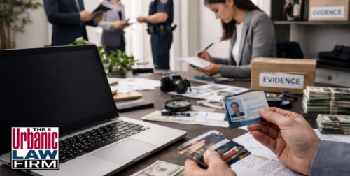 Daytime photograph inside an Oklahoma law office showing a criminal-defense attorney from The Urbanic Law Firm reviewing client identity documents, ID cards, and digital records during an investigation into Oklahoma identity and impersonation crimes, reinforcing trusted Oklahoma criminal defense representation.