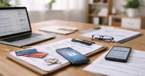 Daytime photograph-style image of an organized office desk with a laptop, credit card, smartphone, and legal documents laid out neatly, symbolizing investigations into Oklahoma identity theft crimes and reinforcing experienced Oklahoma criminal-defense representation by The Urbanic Law Firm.