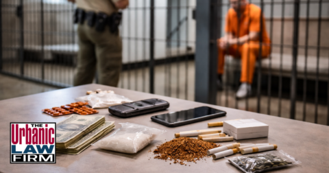 Daytime photo of jail contraband charges evidence inside a secure facility, including cash, tobacco, drugs, and phones, representing Oklahoma criminal defense by The Urbanic Law Firm.