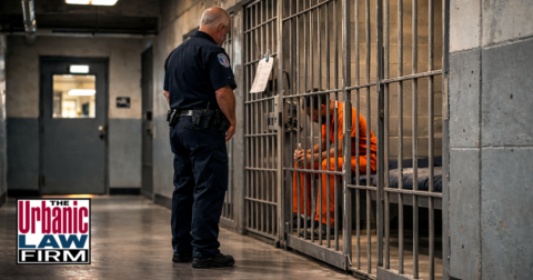 Daytime photograph inside an Oklahoma jail showing an injured detainee consulting with a criminal-defense attorney from The Urbanic Law Firm near cell doors, illustrating guidance and representation for an Oklahoma jail injury lawsuit and related criminal defense issues.