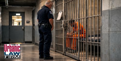 Daytime photograph inside an Oklahoma jail showing an injured detainee consulting with a criminal-defense attorney from The Urbanic Law Firm near cell doors, illustrating guidance and representation for an Oklahoma jail injury lawsuit and related criminal defense issues.